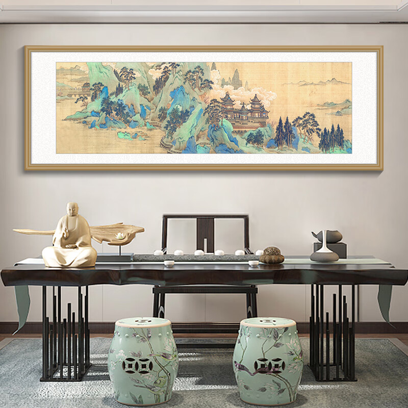 室壁画国画茶室装饰画客厅沙发背景墙画 fu117【赵伯髕-湖山春晓图】