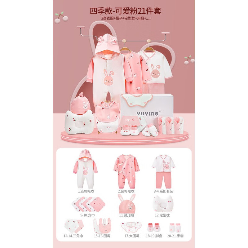 婴儿衣服礼盒夏套装初生刚出生大全满月女宝宝见 可爱兔四季粉-21件套