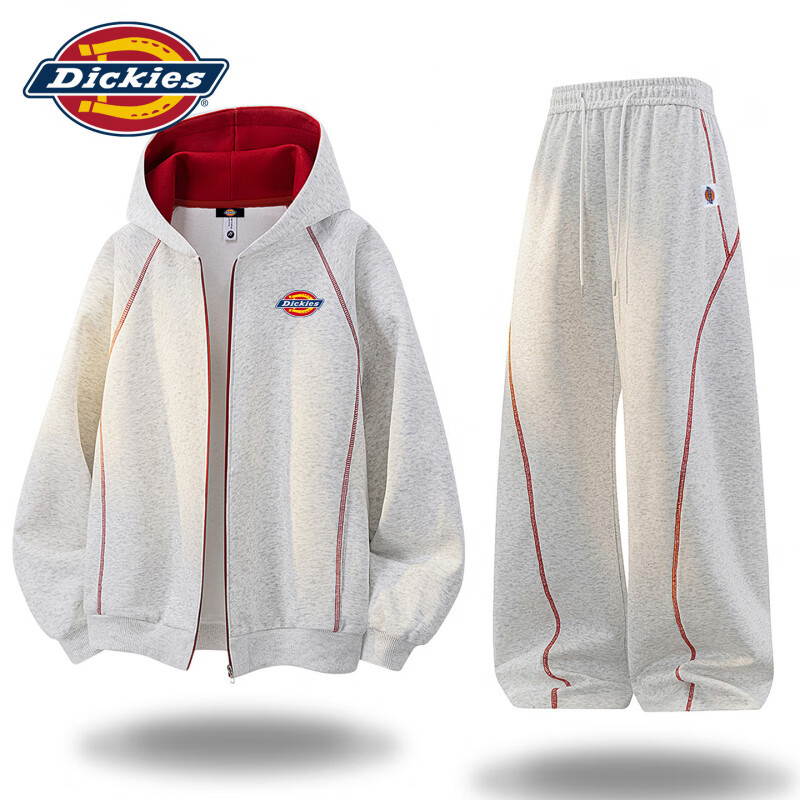 Dickies开衫卫衣套装男士2026秋季新款大码宽松运动穿搭上衣裤子服装 白花灰色 【官方正品】 M 【建议90-110斤】