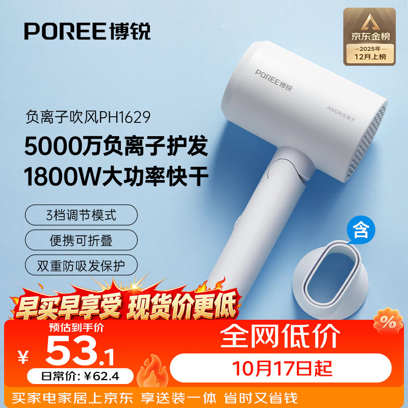 飞科（FLYCO）博锐电吹风机1800W大功率 负离子护发可折叠便携学生宿舍家用送女生礼物【爆款负离子】PH1629