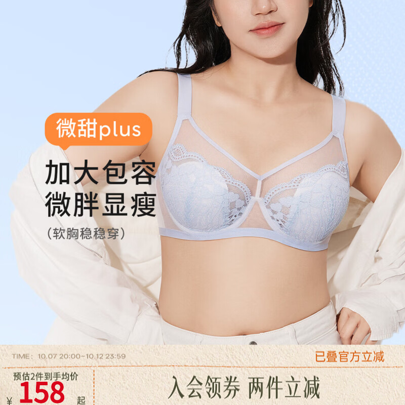 奶糖派(Candy la vie)微甜PLUS大胸显小粉底液内衣女超薄蕾丝大码大杯容性感文胸送女友 海盐椰奶 80D 京东折扣/优惠券