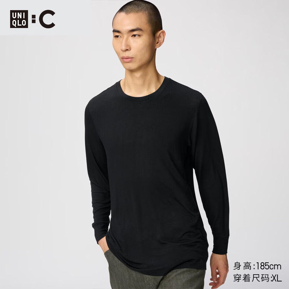 优衣库HEATTECH EXTRA WARM混纺圆领T恤/9分袖男装9%羊绒481441 481441/09黑色 L