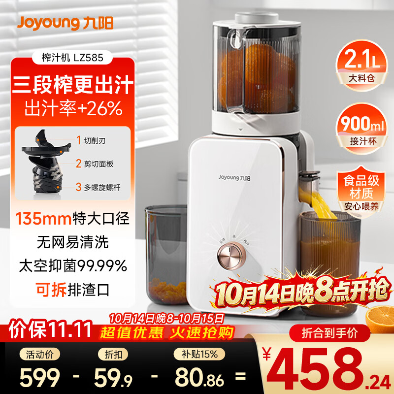 九阳（Joyoung）NFC原汁机135mm特大口径三段压榨多功能冰淇淋机全自动冷压榨汁机渣汁分离 Z13-LZ585