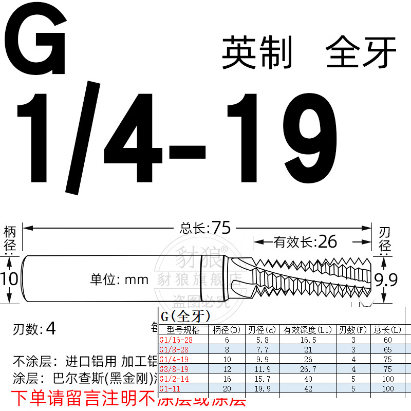 RC英制G55單牙螺紋4刃銑刀UNC美制三牙銑牙刀鎢鋼全牙NPT螺紋銑刀 G1419
