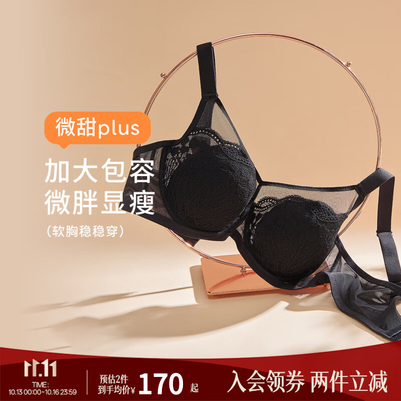 奶糖派(Candy la vie)微甜PLUS大胸显小粉底液内衣女超薄蕾丝大码大杯容性感文胸送女友 黑色 80D