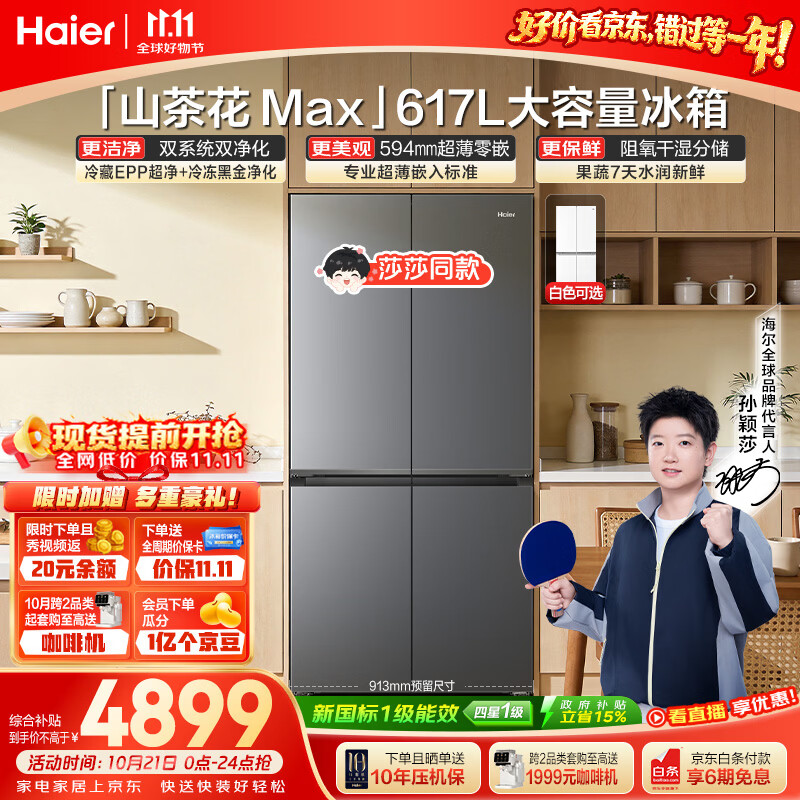 海尔【莎莎同款】山茶花MAX617L十字门冰箱双系统 超薄零嵌新国标一级能效BCD-617WGHTDB9VBU1(灰)国补