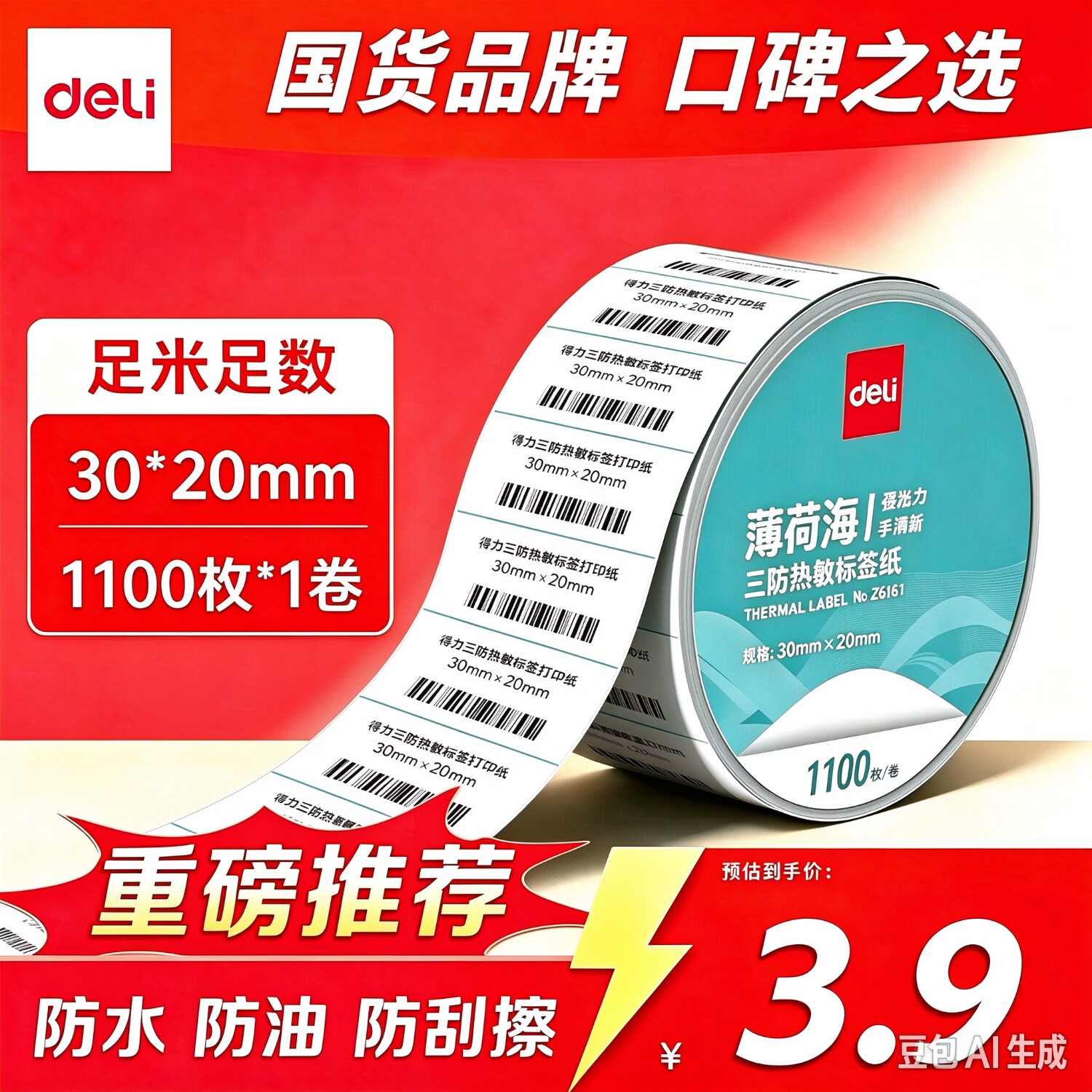 得力（deli）【可定制】三防热敏标签纸 快递面单不干胶打印纸防水防油防刮擦薄荷海系列 【价格标签】30*20mm-1100枚-1卷/筒