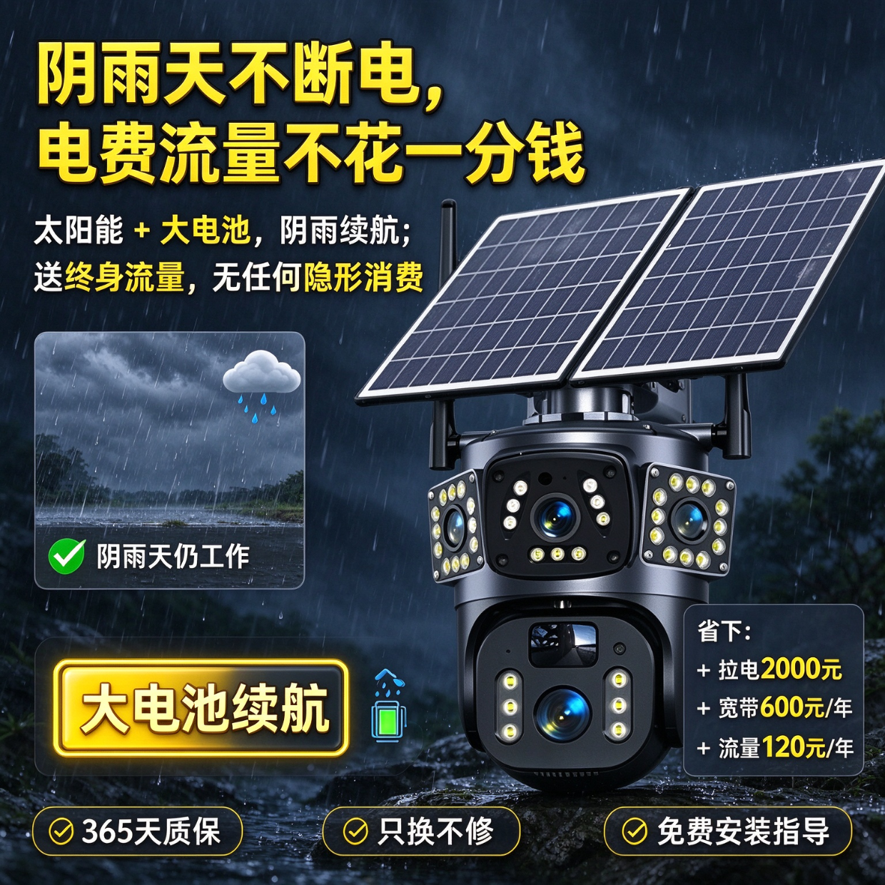 猎腾【免费流量】无电无网太阳能监控摄像头室外4g高清夜视连手机远程农村户外免流量监控器家用360度 双镜头三画面+电子变焦+免费流量 阴天可用大容量电池【单板】30天录像卡 京东折扣/优惠券