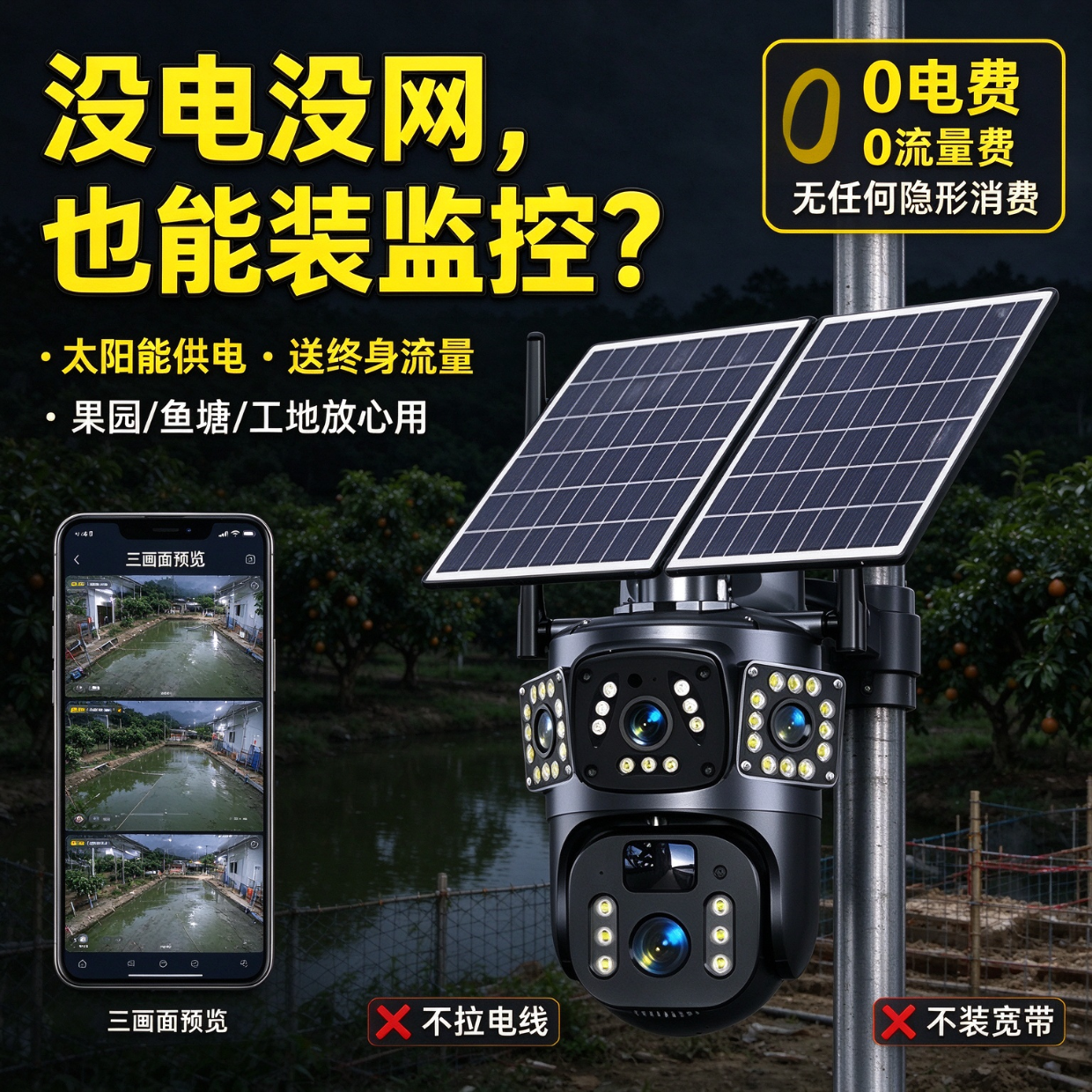猎腾【免费流量】无电无网太阳能监控摄像头室外4g高清夜视连手机远程农村户外免流量监控器家用360度 双镜头三画面+电子变焦+免费流量 阴天可用大容量电池【单板】30天录像卡