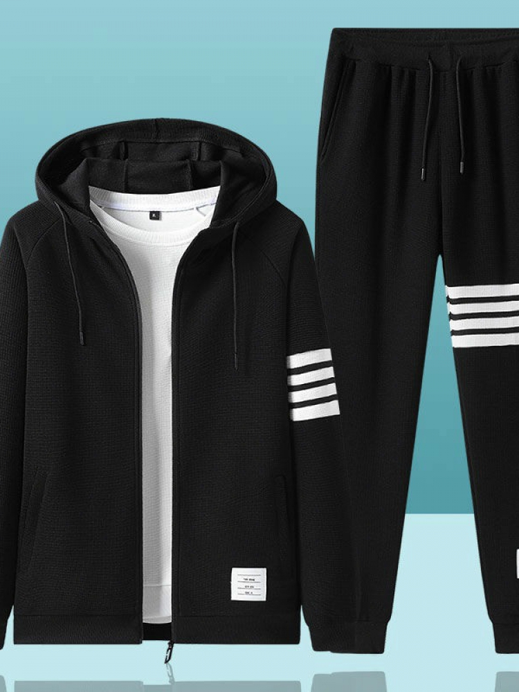 辉烈2024春秋新款tb华夫格连帽套装男女情侣卫衣运动休闲四条杠情侣款