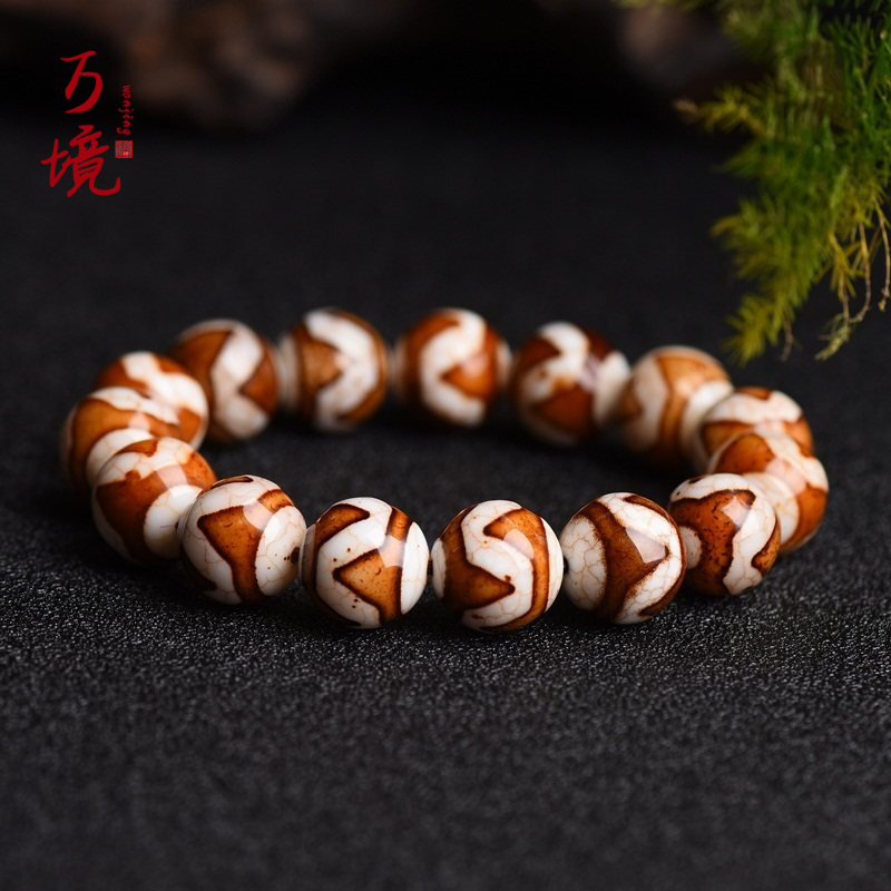 万境 虎牙如意金钱勾坛城品位三眼手串生日礼物西藏古法天珠手链大气