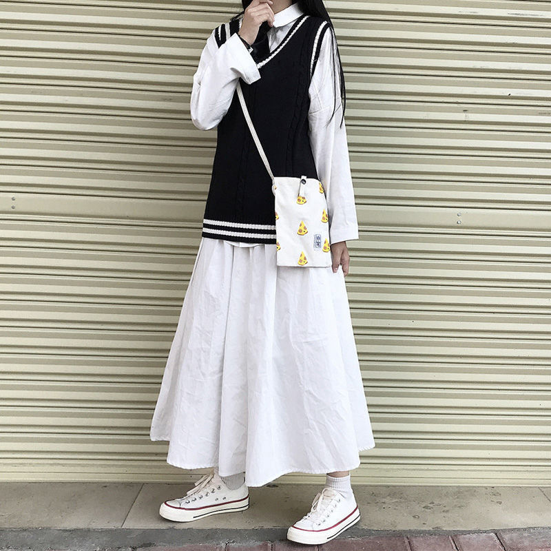 瑾衣媛日系jk白色半身裙a型垂感复古少女学生工装风中长款高腰小白伞