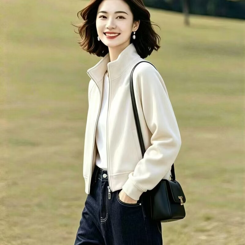 2026秋季新款外套女韩版宽松休闲百搭立领棒球服上衣wsn 米白色 XL 【建议115-130斤】