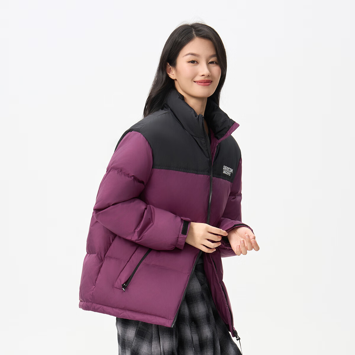 千仞岗立领短款秋冬季新款羽绒服女装撞色时尚休闲百搭保暖羽绒外套 玫红色 XS (155)