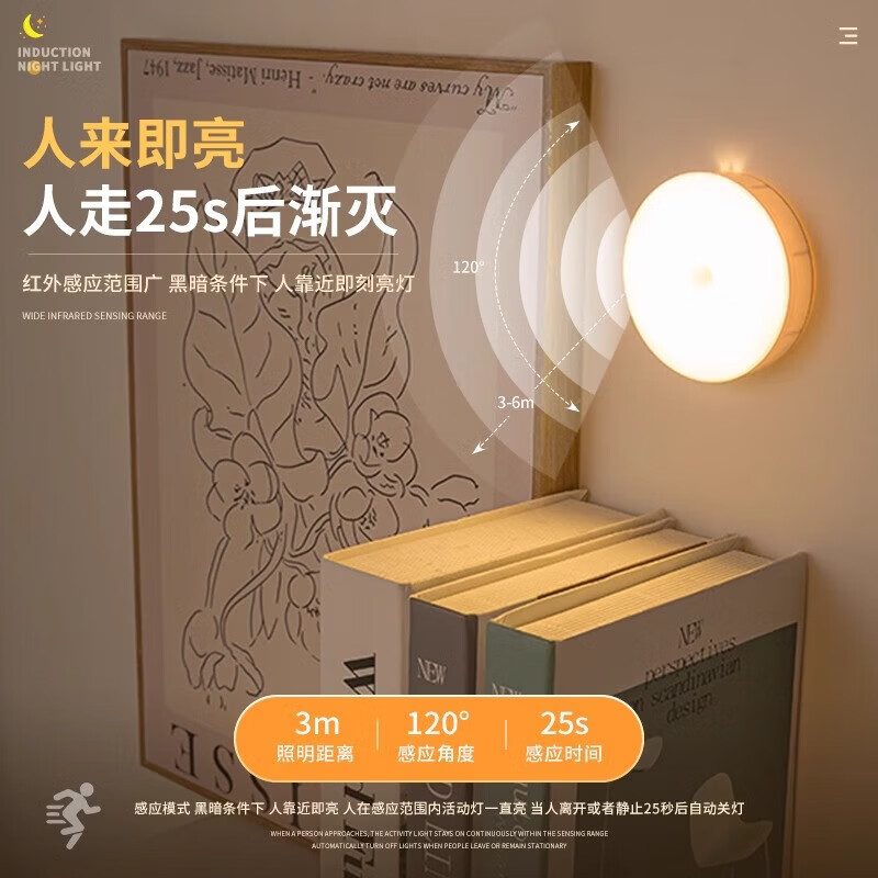 【甄选好物】LED智能感应小夜灯壁挂灯充电床头卧室睡眠起夜过道节能光控小夜灯 智能感应款-暖光