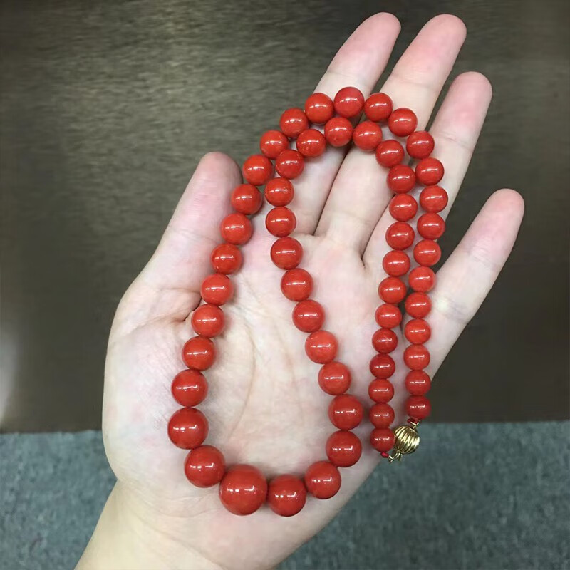 兆浤珊瑚项链 珊瑚圆珠项链 14k金扣项链深红色节日礼物送女友送长辈