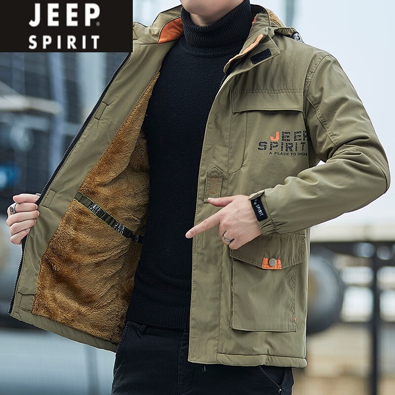 JEEP SPIRIT冬季加绒加厚多口袋工装棉衣男士大码宽松户外登山外套保暖冲锋衣 军绿色 L