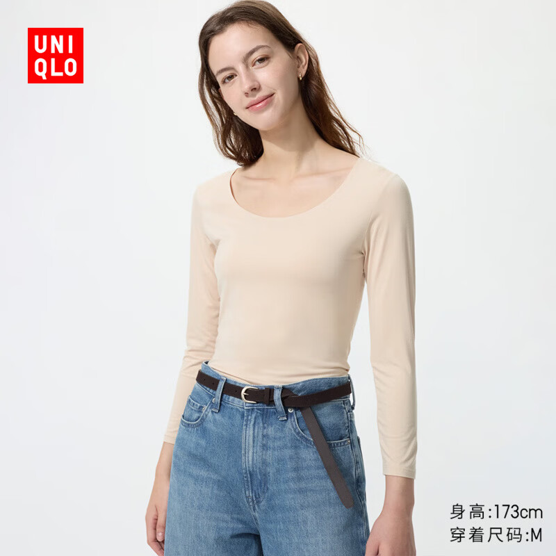 优衣库HEATTECH U领T恤/8分袖女装/保暖衣秋衣内衣485808 11 粉红色 M