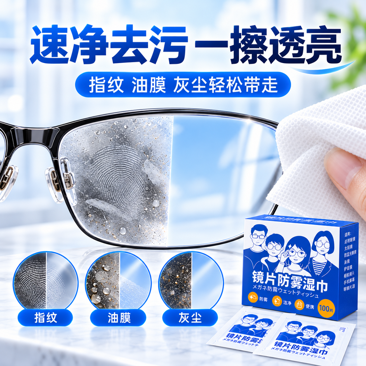 ZYVI日本眼镜清洁湿巾防雾湿巾一次性眼镜布手机镜头除雾清洁湿巾便携 100片*3盒【防雾款】眼镜清洁湿巾