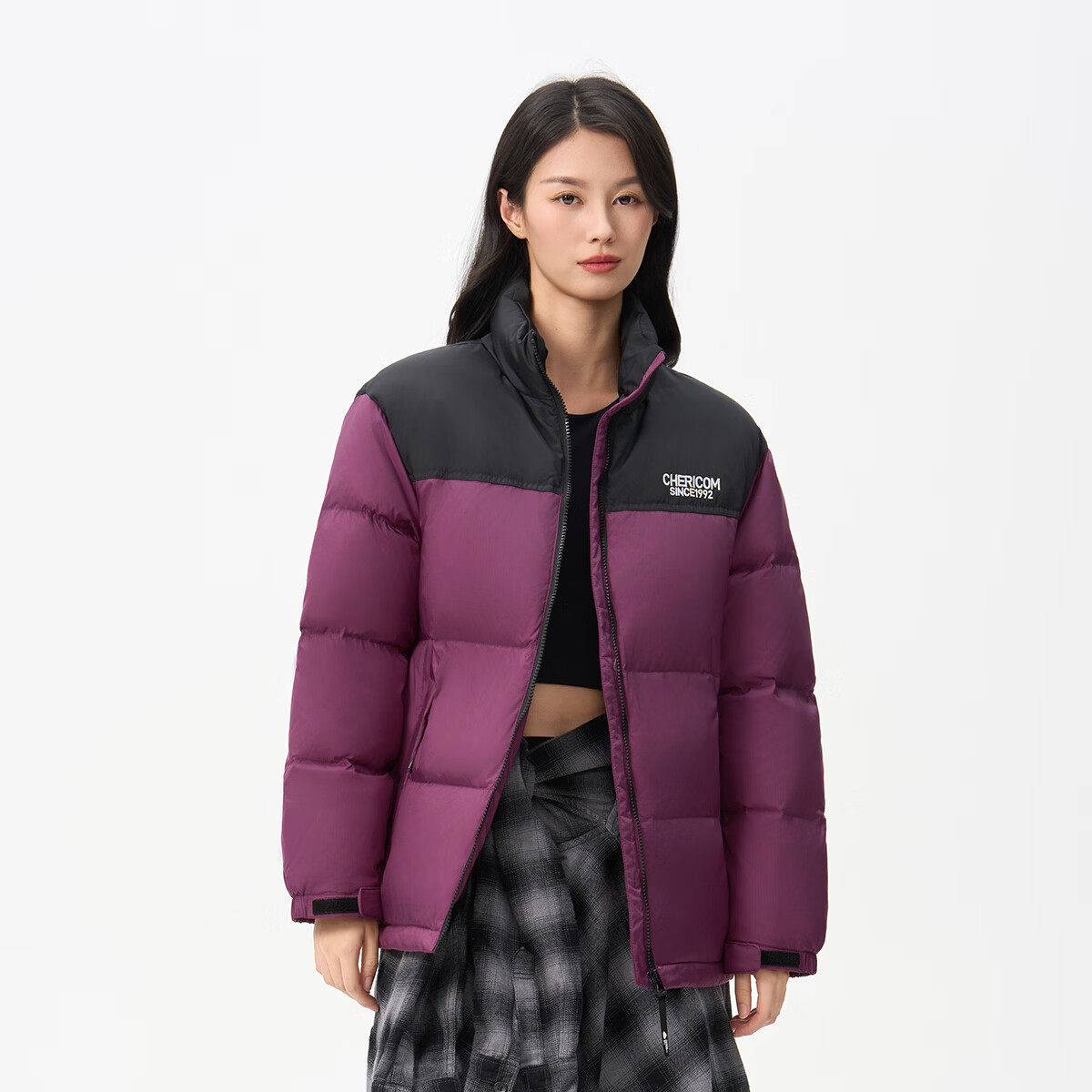 千仞岗立领短款秋冬季新款羽绒服女装撞色时尚休闲百搭保暖羽绒外套 玫红色 XS (155)