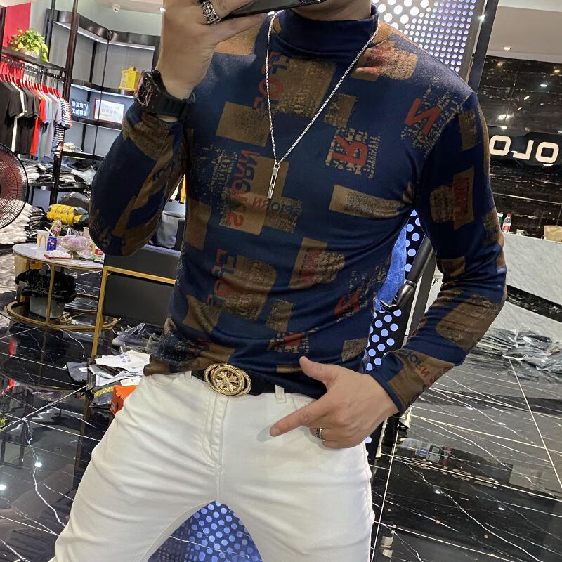 冬季精神社会小伙紧身印花t恤长袖男士秋冬装上衣精神小伙长袖半高领