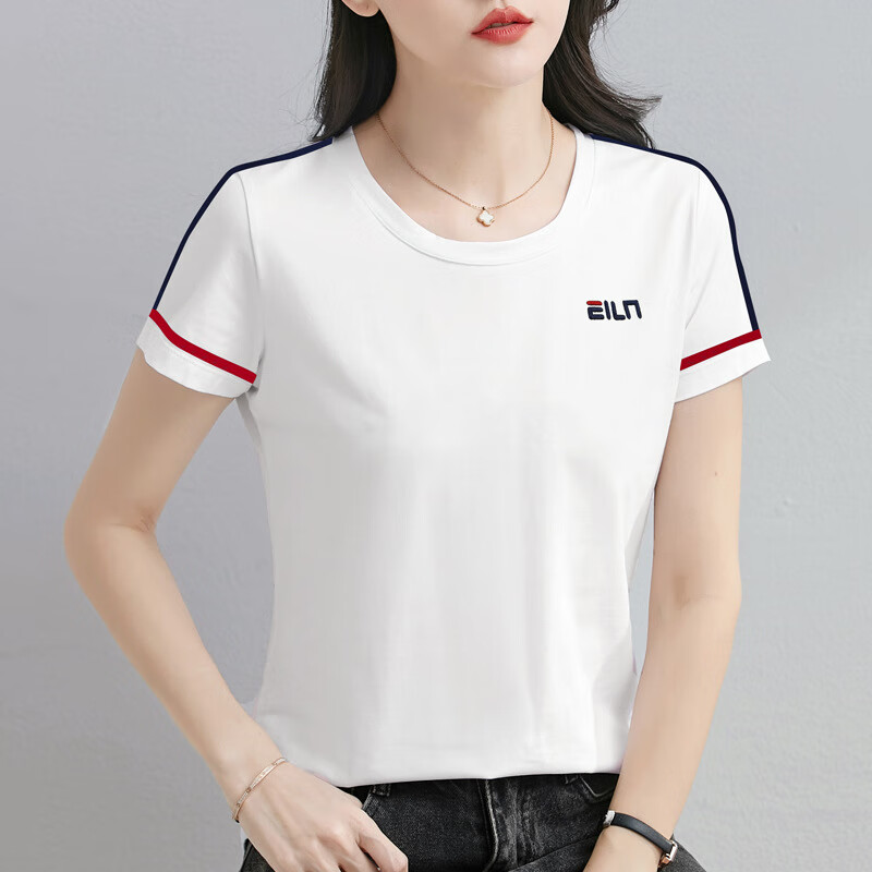 苏盈珈可圆领短袖T恤女2024新款夏季修身显瘦上衣时尚洋气拼色款 白色-圆领 M
