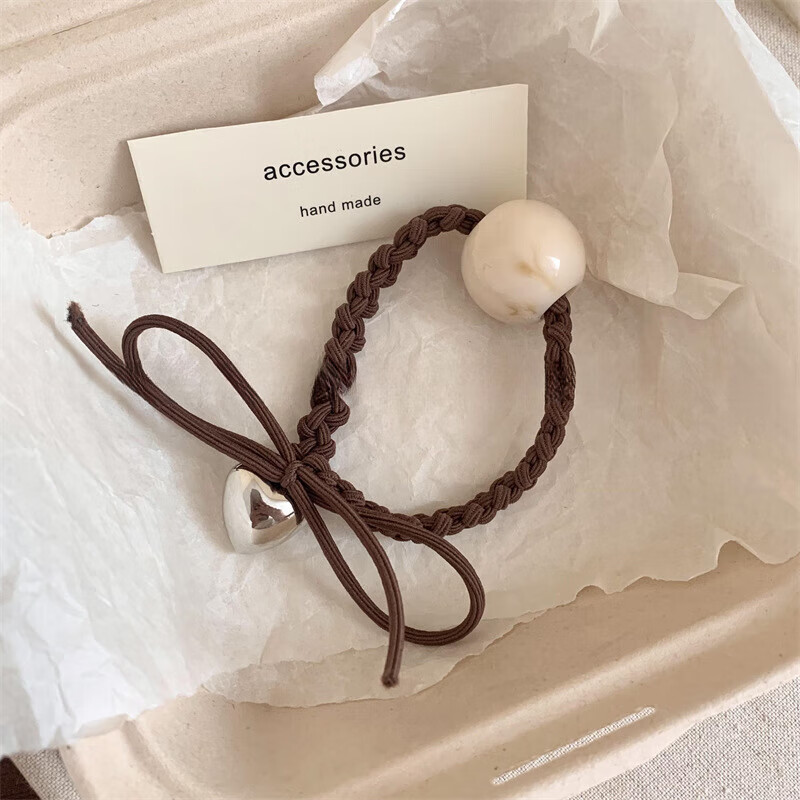 重工高级感设绑发皮筋后脑勺扎头发绳高弹力耐用皮套女发圈女 白色珠子-咖色发绳