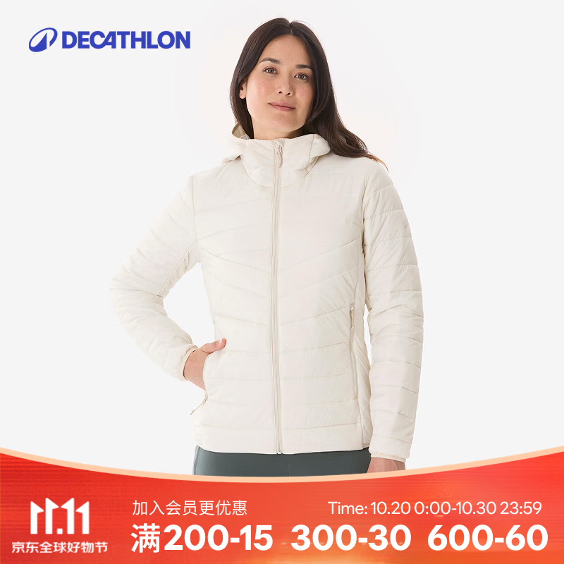 迪卡侬（DECATHLON）棉服冬户外登山加厚女保暖长款连帽运动短款夹克外套MH100 米白色 M