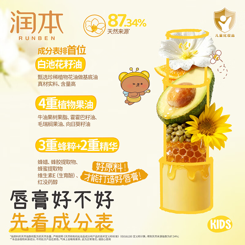 润本（RUNBEN）儿童唇膏女保湿滋润小女孩专用护唇膏男孩宝宝婴儿润唇膏唇周护理 【2支过秋冬】防皴唇膏3.4g*2支装