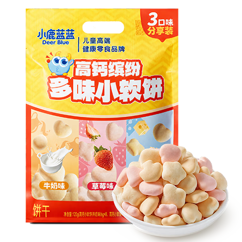 小鹿蓝蓝高钙缤纷牛奶小软饼儿童宝宝零食分享装三种风味宝宝饼干 【分享装/20小包】缤纷3口味小软饼/120g