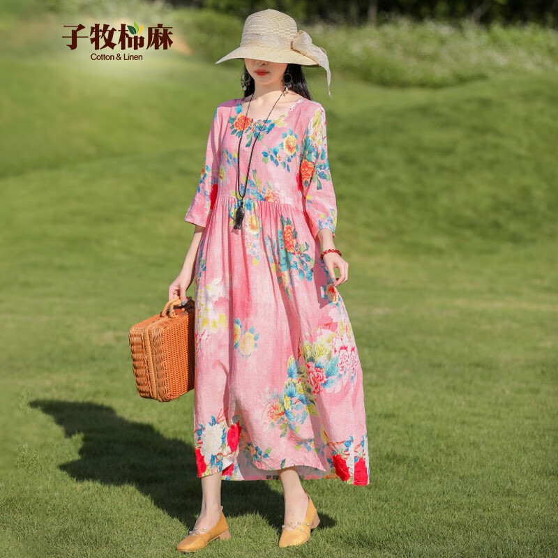 子牧棉麻夏装 女文艺民族风宽松显瘦圆领减龄连衣裙8179 8173粉色 l