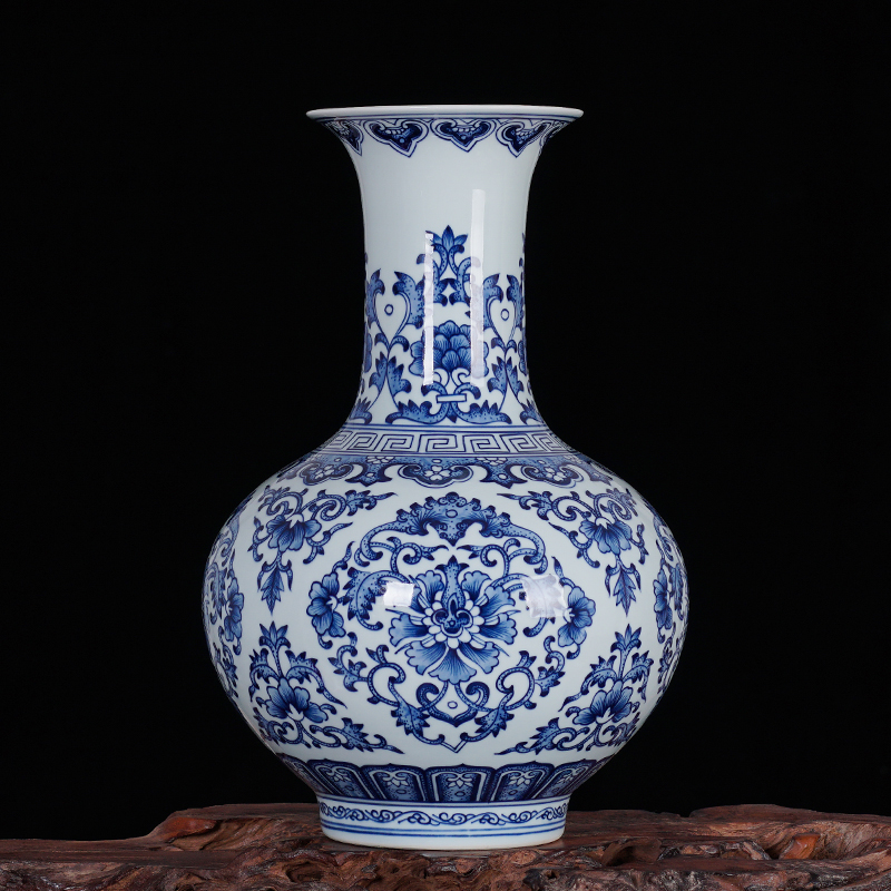周胜堂 景德镇陶瓷花瓶瓷瓶摆件青花瓷缠枝莲宝相花客厅新中式复古