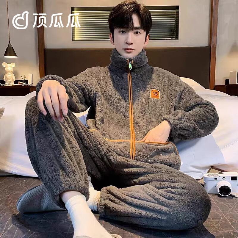 顶瓜瓜秋冬男士睡衣加厚加绒保暖法兰绒家居服立领防风拉链大码套装 86604 绒套装 4XL 推荐200-220斤