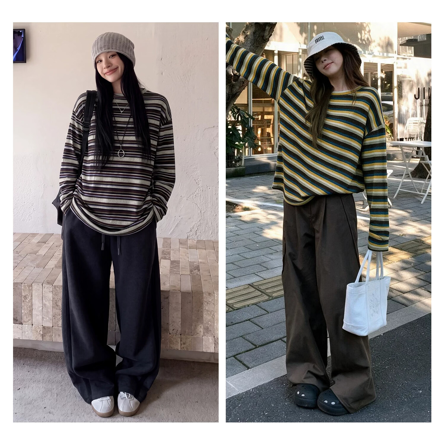 雪茜曼复古撞色条纹长袖女秋季新款韩系松弛感宽松慵懒风打底衫t恤上衣 咖色条纹 L （适合110-125斤）