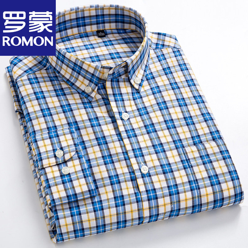 罗蒙romon【轻奢商务】纯棉长袖格子衬衫男春秋英伦风衬衫潮流宽松