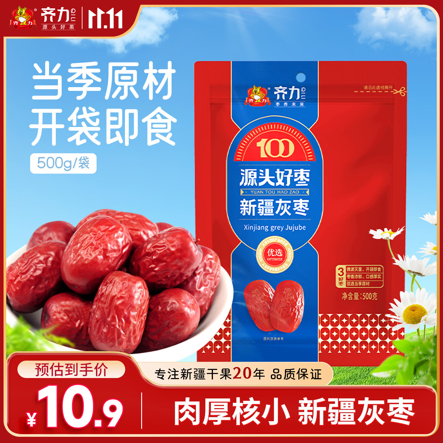齐力新疆灰枣500g 免洗即食红枣 泡茶煮粥枣子颗粒均匀 蜜饯果干零食
