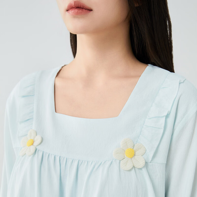 香蜜闺秀(GOSO)【自带胸垫】睡衣女士春秋长袖套头感亲肤可外穿家居服套装 浅蓝 M