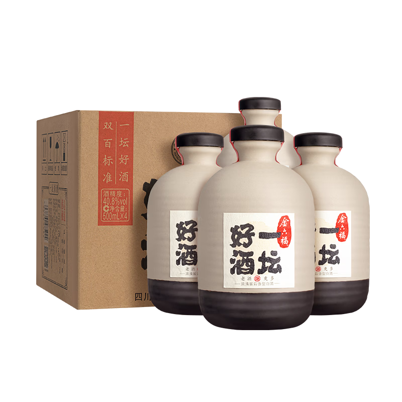 金六福一坛好酒陶坛 40.8度浓清酱兼香型白酒【宴请送礼】 40.8%vol 500mL 4瓶 整箱装 40.8度