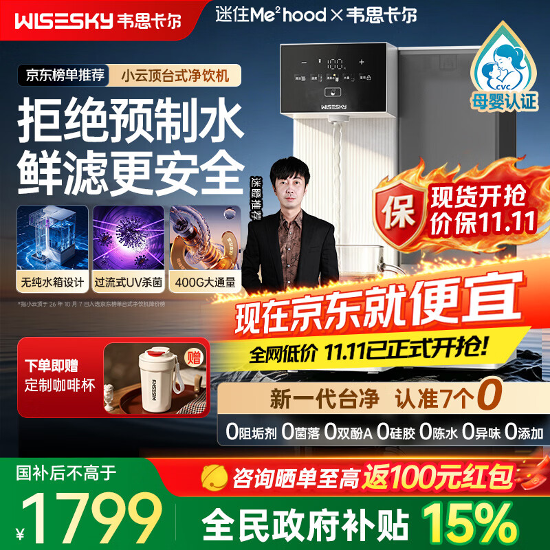 WISESKY【26年新品】韦思卡尔小云顶台式净饮机无水箱净水器免安装RO反渗透400G不锈钢管道WST-400-H1 【2026新品】小云顶H1