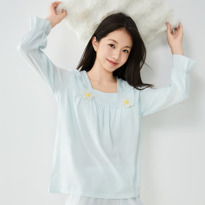 香蜜闺秀(GOSO)【自带胸垫】睡衣女士春秋长袖套头感亲肤可外穿家居服套装 浅蓝 M