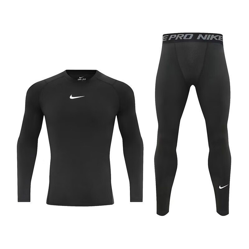 NK NASA新款成人紧身衣套装长袖踢足球训练运动健身速干透气秋冬打底加绒 NK紧身衣 白色上衣(加绒保暖) 3XL 身高180-190体重170-190斤