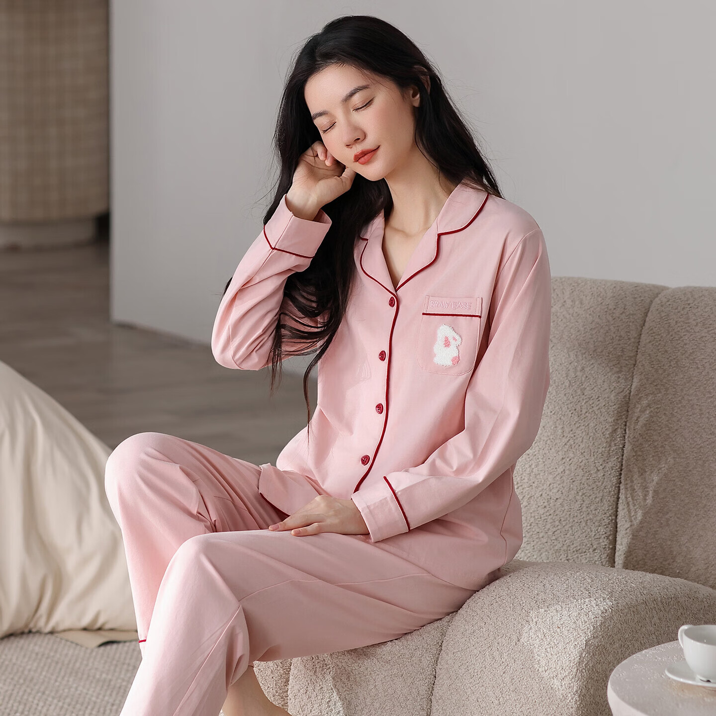 欧迪芬100%纯棉睡衣女款2026新款长袖长裤宽松舒适可外穿家居服套装 蜜桃粉 L 【建议100-120斤】