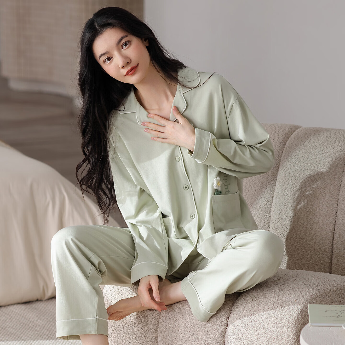 欧迪芬100%纯棉睡衣女款2026新款长袖长裤宽松舒适可外穿家居服套装 竹绿 L 【建议100-120斤】