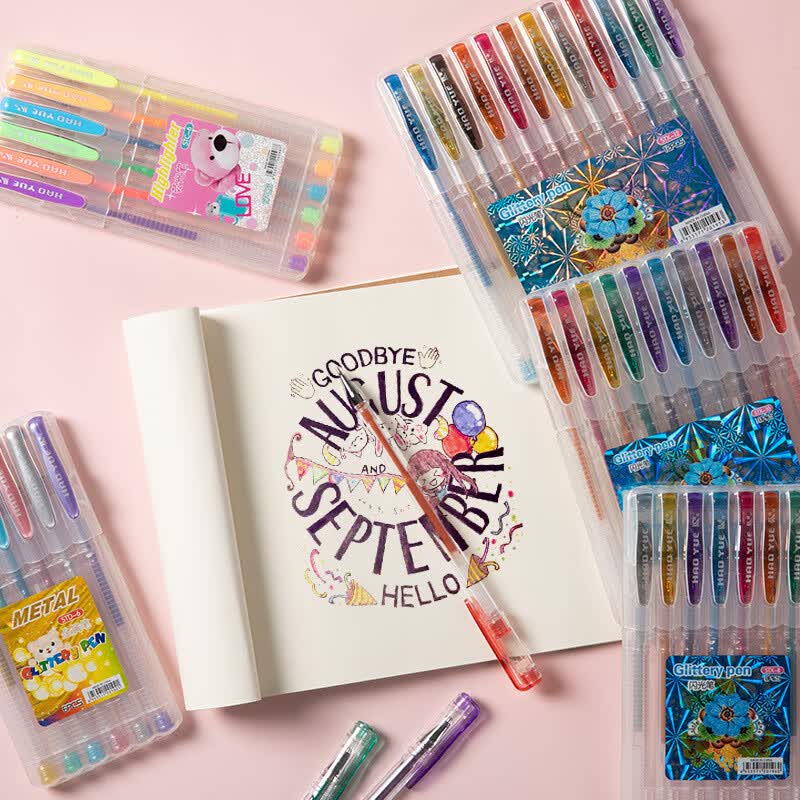 最炫12色荧光笔盒装金属笔彩色闪光笔学生绘画文具套装粉彩笔中性 0.5mm 4色