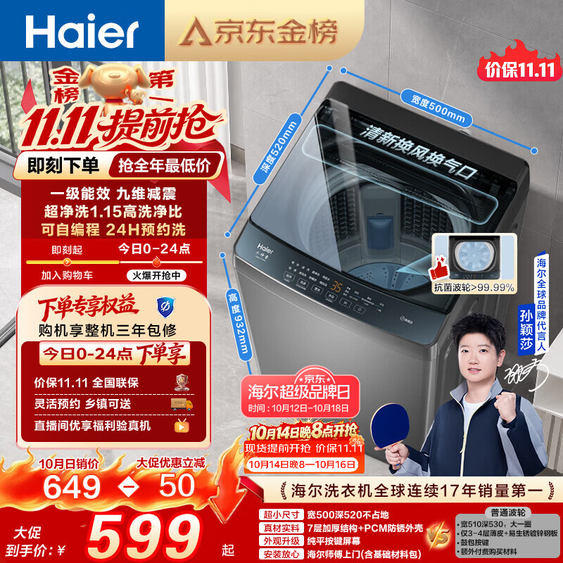 海尔（Haier）【莎莎同款】全自动波轮洗衣机8KG小型 家用宿舍出租 6键自编程  一级能效 家电补贴 XQB80-Z10D0