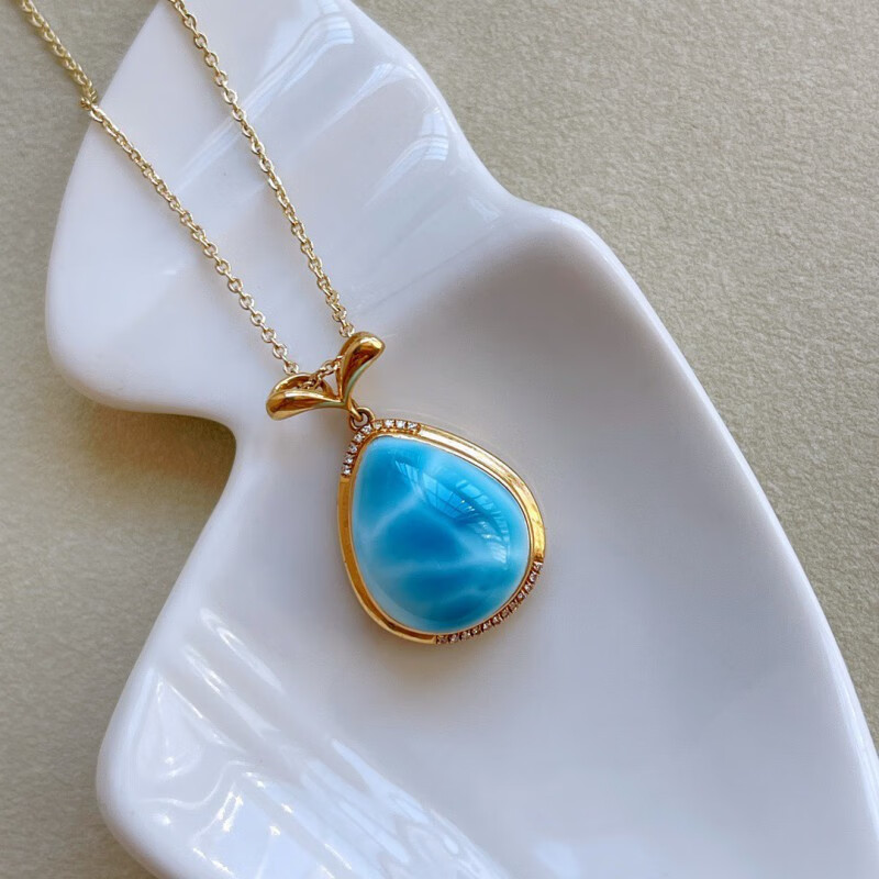 青鹊凰海纹石吊坠18k镶嵌水滴吊坠 可爱呆萌吊坠礼物女士节日礼品