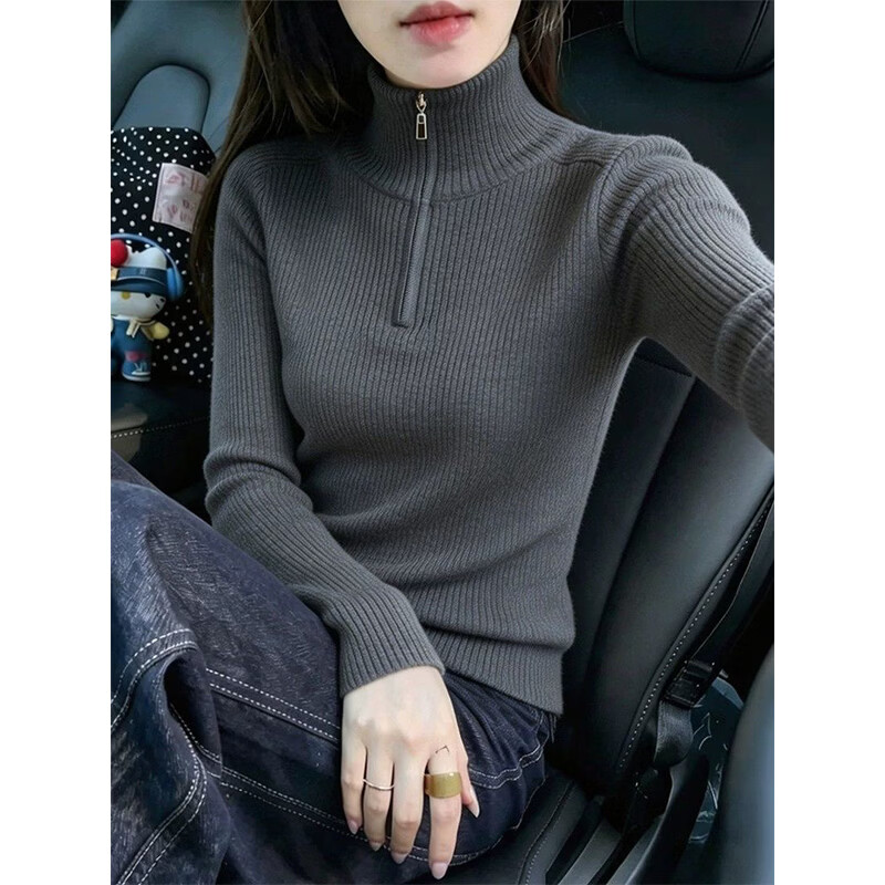 欣依朵安迪绒灰色高领拉链针织衫上衣女2026冬季新款百搭保暖毛衣打底衫 深灰色 【专柜品质】 XL 【116-140斤】
