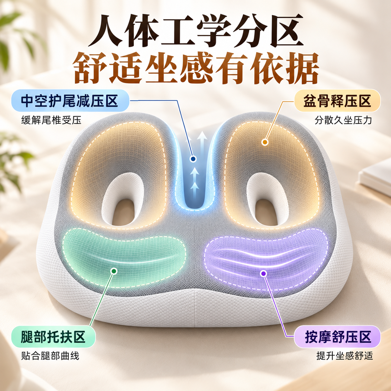 AILUKI日式办公室久坐记忆棉坐垫椅子座椅屁垫尾椎减压舒适透气坐垫 坐垫-黑灰拼色 【透气镂空设计】