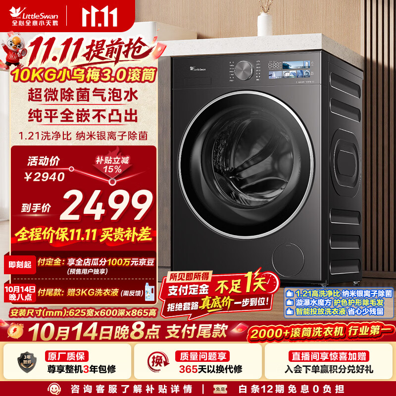 小天鹅（LittleSwan）小乌梅3.0 滚筒洗衣机全自动家用 10KG纯平全嵌 TG10VE40 一级能效 国家补贴 京东自营 内衣洗