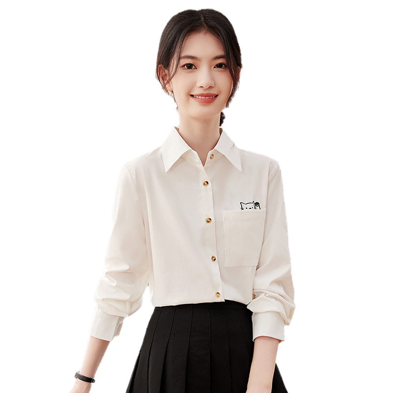 品彩（PinCai）長袖襯衫女可愛貓咪刺繡襯衫職業(yè)面試外穿內(nèi)搭襯衣P143C2015
